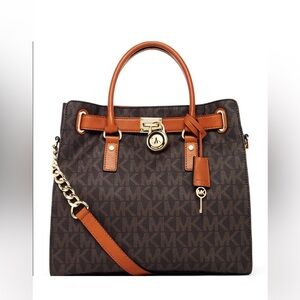 Michael Kors Signature Hamilton Brown Monogram Tote Bag with Lock Accent